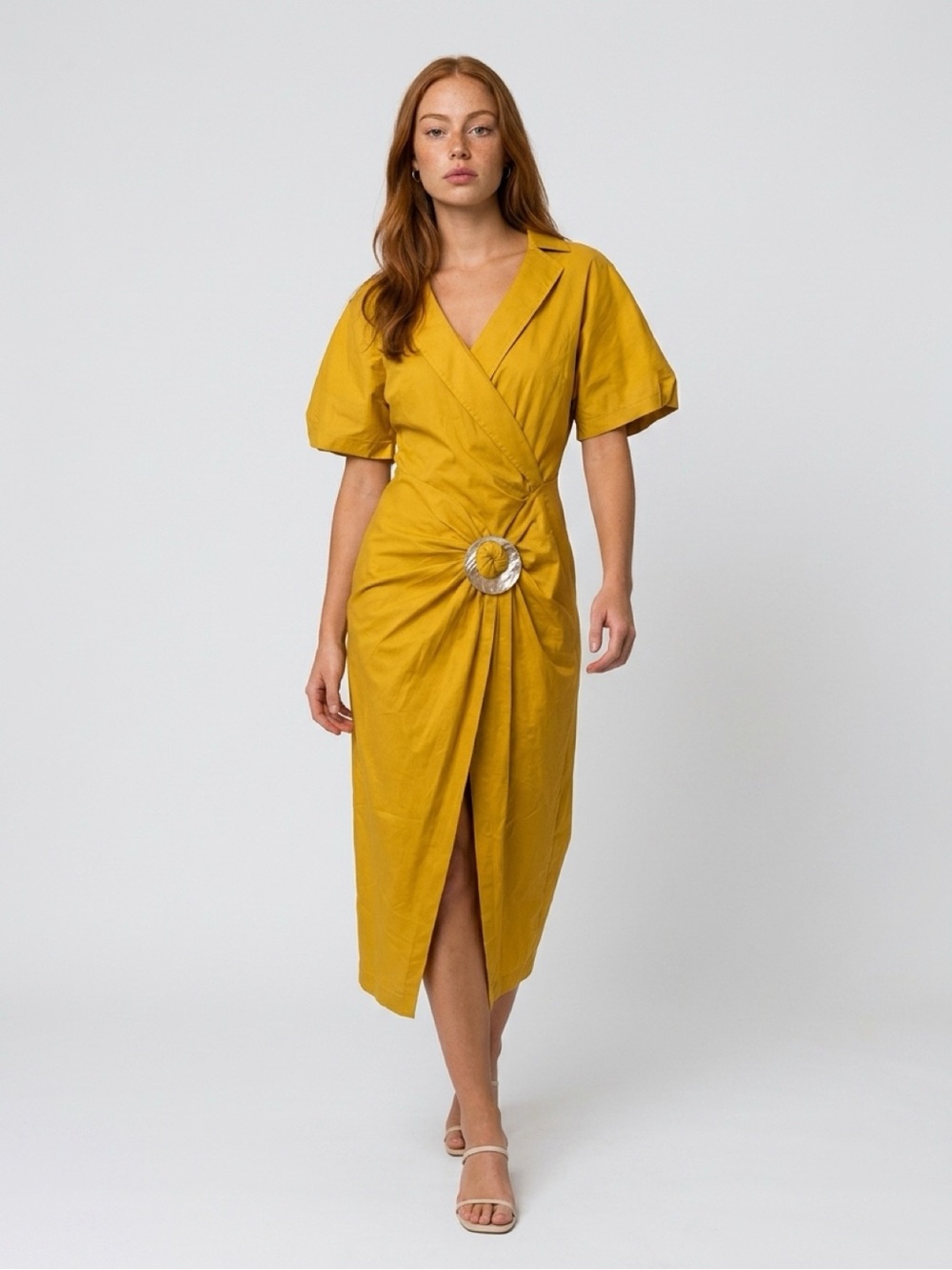 Elegant gold/yellow Midi Dress with Statement Buckle